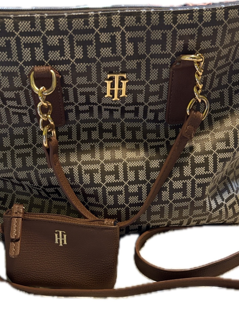 Tommy Hilfiger Brown and Beige Patterned Shoulder Satchel & accessories wristlet